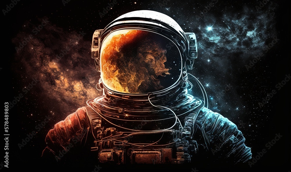 Poster a man in a space suit standing in front of a star filled sky with a planet in the middle of the spac