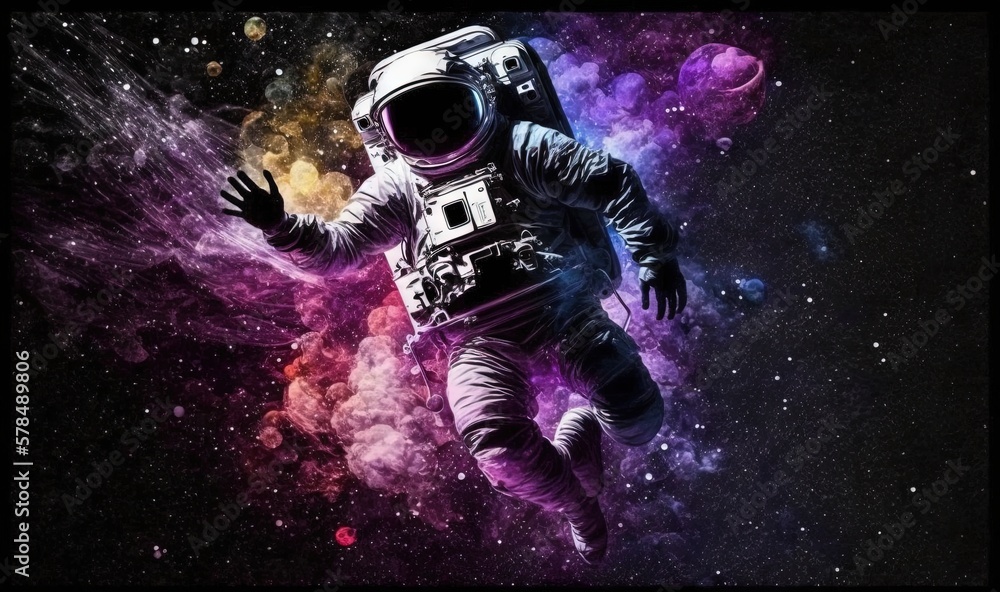 Poster a man in an astronaut suit floating in space with his hands out to the side of the image, with a bac
