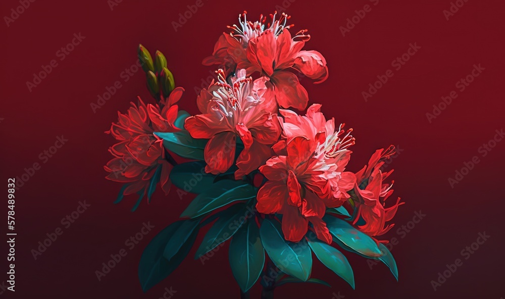 Poster a bouquet of red flowers with green leaves on a dark red background with a red background and a red 