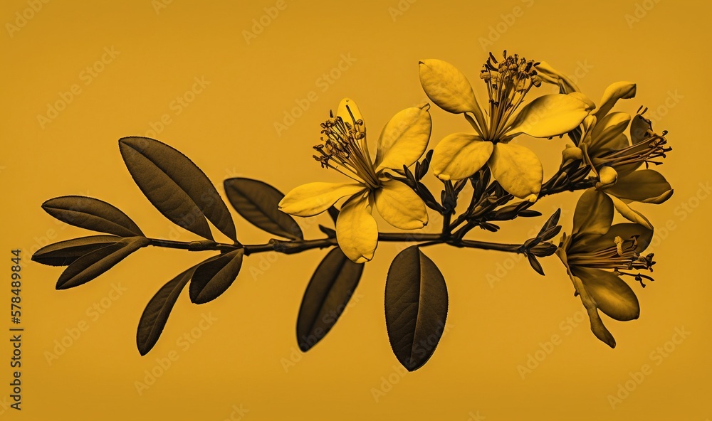 Aufkleber a branch with yellow flowers and leaves on a yellow background with a black border around the branch