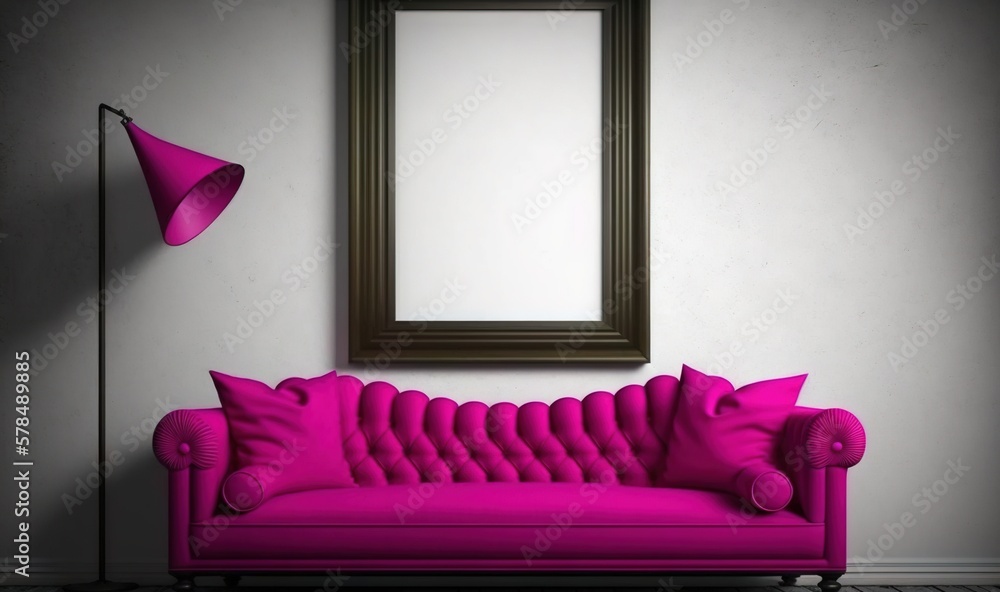 Poster a pink couch in a room with a mirror and a lamp on the wall above it and a floor lamp in the corner 