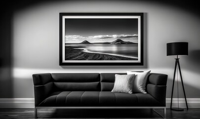  a black and white photo of a couch in a living room with a black lamp and a black and white picture of a mountain range in the background.  generative ai