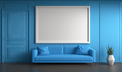  a living room with a blue couch and a large mirror on the wall above the couch is a potted plant and a white vase with a green plant.  generative ai