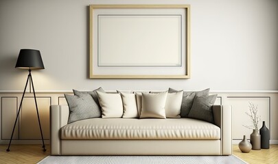  a living room with a couch, lamp and a picture frame on the wall above the couch is a picture frame with a blank picture on it.  generative ai