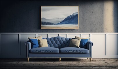  a blue couch sitting in a living room next to a painting on the wall and a wooden floor with a wooden floor and a wooden floor.  generative ai
