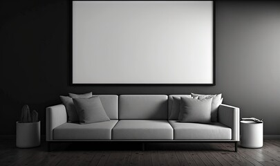  a white couch sitting in a living room next to a white table with a vase on it and a blank picture hanging on the wall.  generative ai