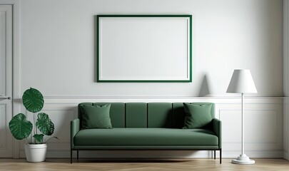  a living room with a green couch and a white wall with a picture frame on it and a green plant in the corner of the room.  generative ai