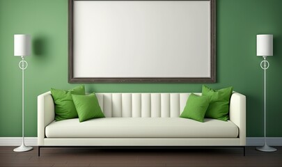  a living room with a white couch and green pillows and a large picture frame hanging on the wall above the couch is a lamp and a floor lamp.  generative ai