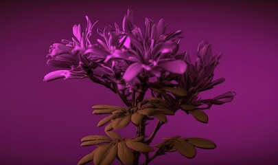  a purple flower is in a vase on a purple tablecloth with a purple background and a black and white photo of a flower in the middle.  generative ai