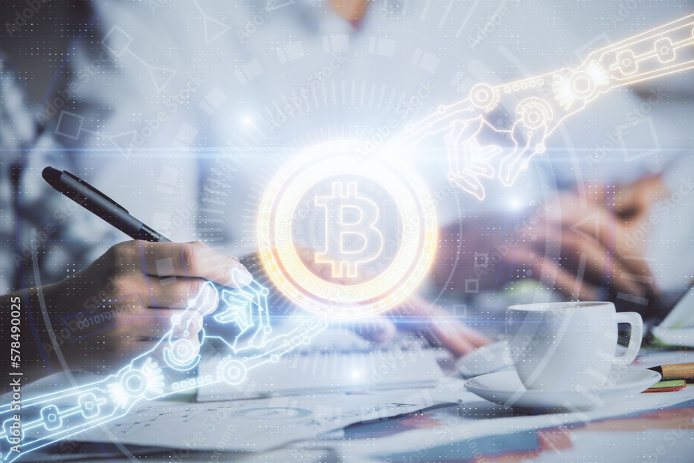 Poster double exposure of blockchain theme drawing over people taking notes background. concept of cryptocu