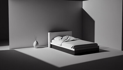 Ai generated. A double bed in a minimalist black and white environment. The interior of a room with an unmade bed after being usedwithout people.