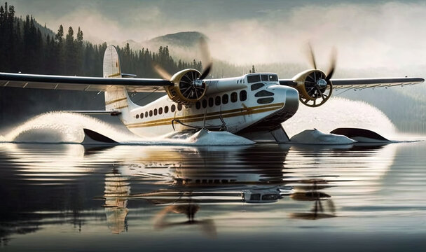  a plane is flying low over a body of water with mountains in the background.  generative ai