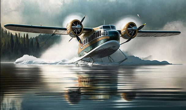  a painting of a seaplane landing on the water with a mountain in the background.  generative ai