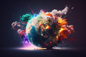 Colorful abstract earth explosion, illustration. Generative AI