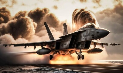  a fighter jet taking off from an aircraft carrier in the ocean.  generative ai