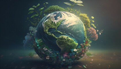 Obraz na płótnie Canvas Earth Day Planet Earth surrounded by plants and flowers. Generative AI