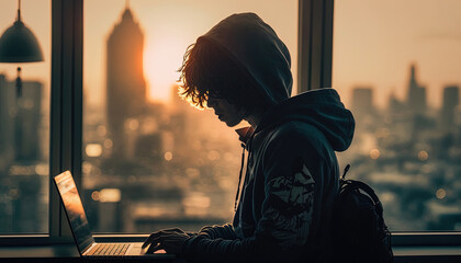 Silhouette of a man with curly hair with notebook working, studying by large window city skyline, sunset, AI generative