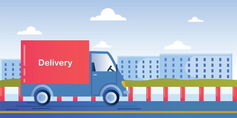 Logistics and home delivery concept. Red truck with goods drives through city. Online shopping and parcel transportation. Business and trade, import and export. Cartoon flat vector illustration