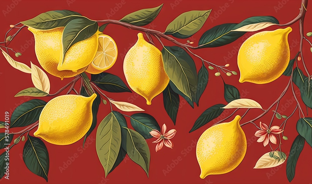 Poster a painting of lemons on a branch with leaves and flowers on a red background with a red background a