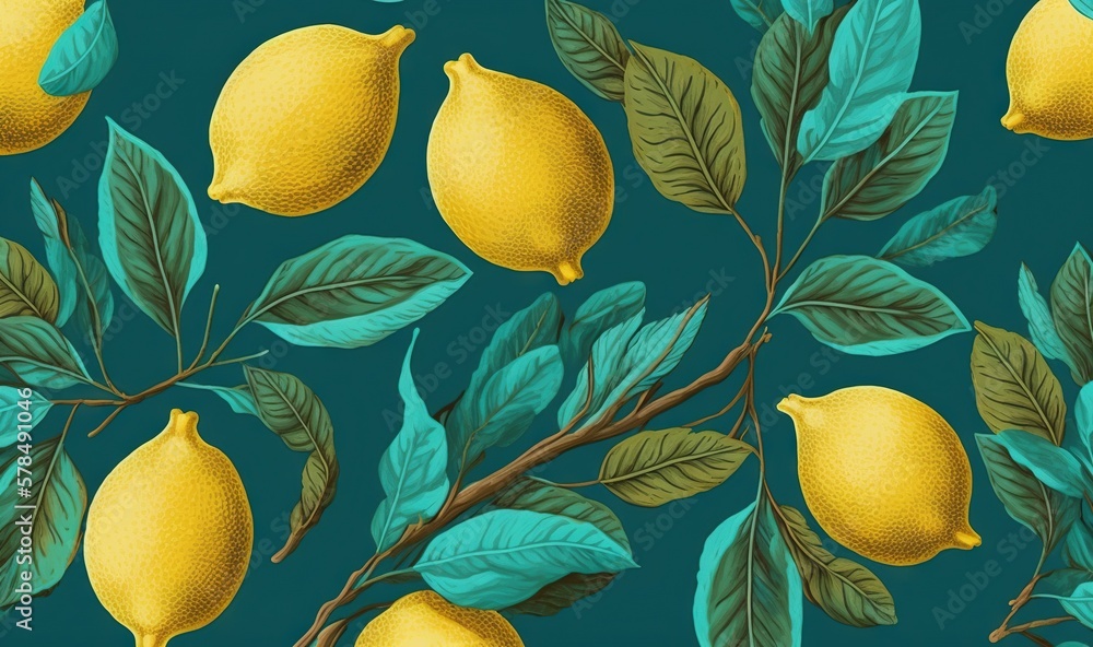 Poster a bunch of lemons on a branch with leaves on a blue background with green leaves and a green backgro