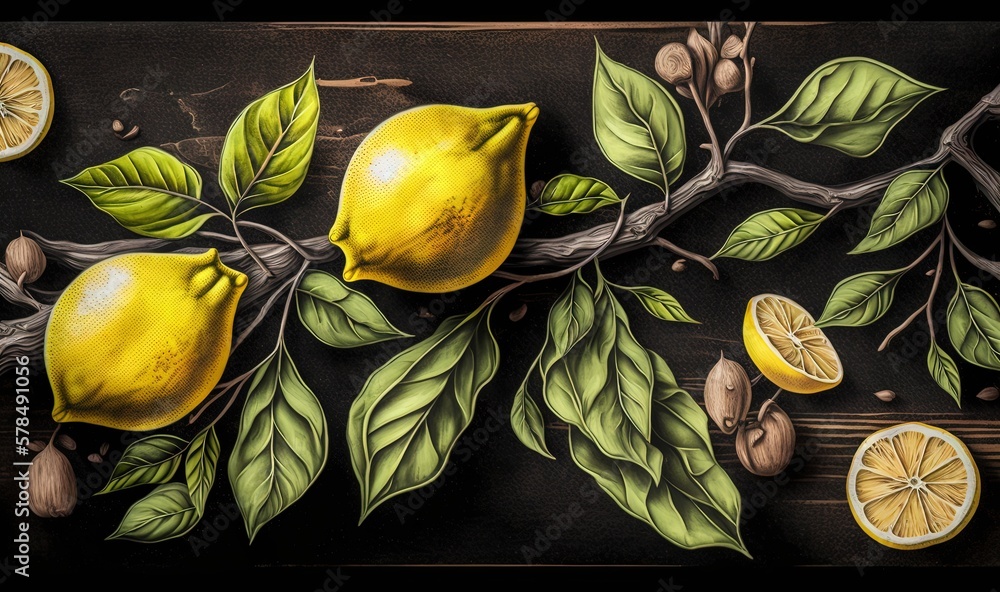 Aufkleber a painting of lemons on a branch with leaves and nuts on a black background with a wooden table and 