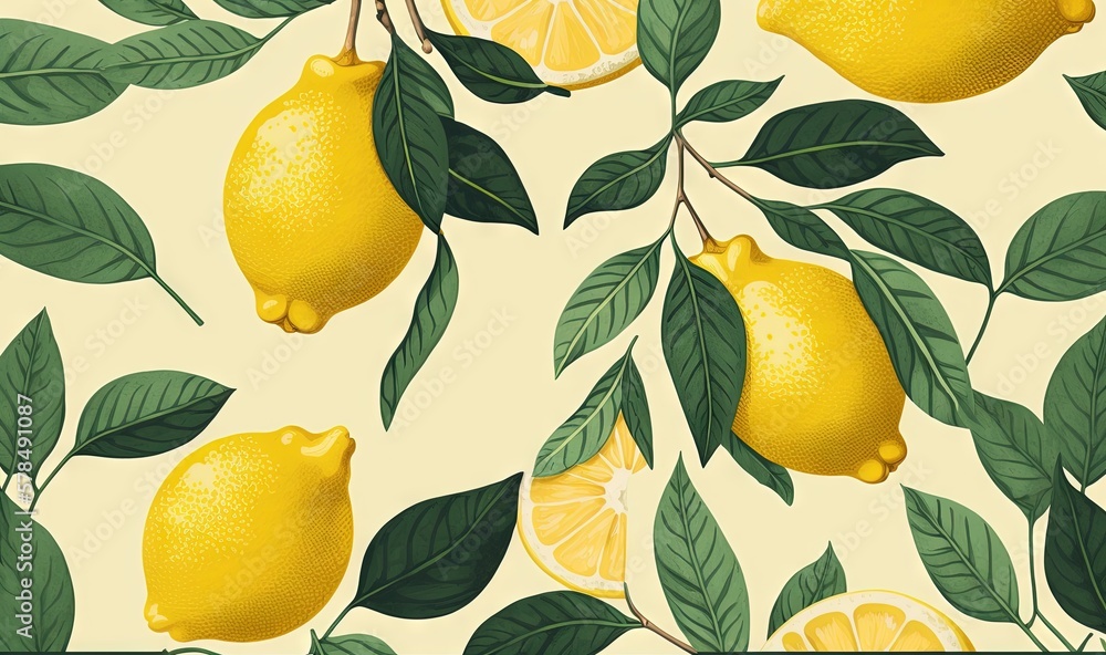 Poster a lemon tree with lemons and leaves on a cream background with green leaves and a yellow background 