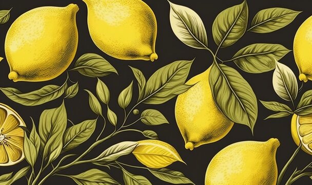  a bunch of lemons with leaves and flowers on a black background with a yellow flower on the side of the image and a green leafy branch.  generative ai
