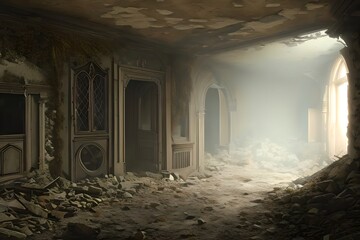 Fototapeta premium A Spooky Corridor Filled With Supernatural Fog And Rubble In The Abandoned Haunted House. Illustration. Generative AI