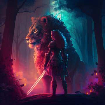 A girl and a lion meets a brave knight in a fairy tale pink
