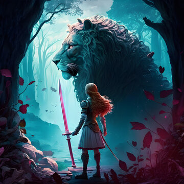 A brave girl and a lion meets a brave knight in a fairy tale
