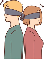 Blindfolded couple stand back to back
