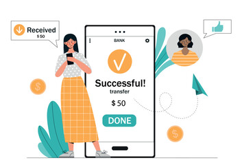 Money transfer concept. Woman with smartphone uses banking application. Electronic transaction and transfer on Internet, online payment. Wallet program at phone. Cartoon flat vector illustration