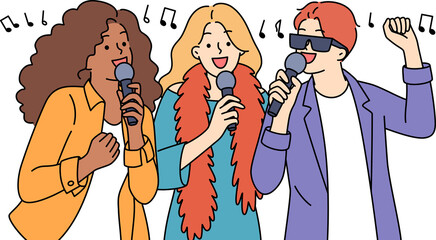 Smiling people have fun singing karaoke