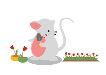 Cute mouse with shovel. Character planting red flowers. Spring and summer time of year. Beauty, elegance and aesthetics of backyard and lawn. Cartoon flat vector illustration