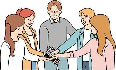 Happy colleagues stack hands involved in teambuilding