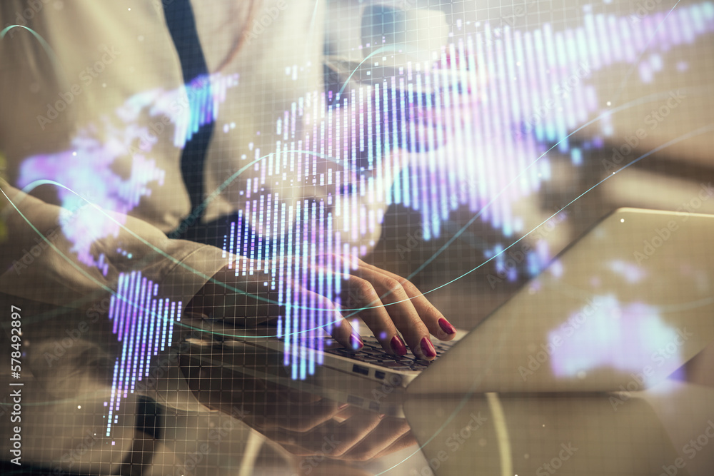 Poster multi exposure of woman hands typing on computer and business theme hologram drawing. success concep