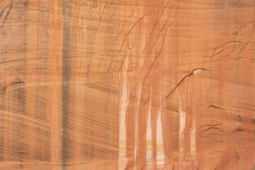 A red sandstone cliff in Zion Nat. Park, Utah, USA shows horizontal and diagonal striation layers and vertical streaks from water dripping down the cliff causing oxidization to color the stone face.