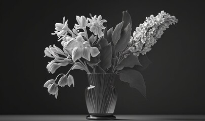  a black and white photo of a vase with flowers in it.  generative ai