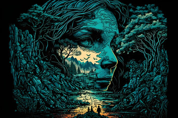 Fantastic landscapes with woman face, illustration. Generative AI