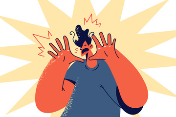 Terrified man make hand gesture