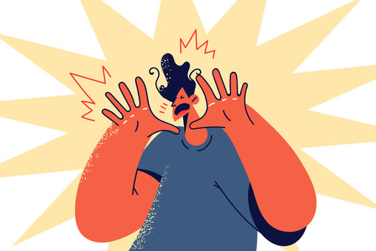 Terrified man make hand gesture