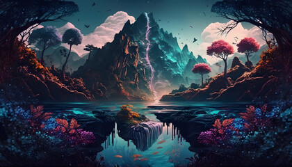 Fototapeta na wymiar Fantastic landscapes with water, illustration. Generative AI