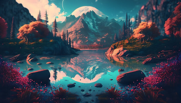 Fantastic landscapes with water, illustration. Generative AI
