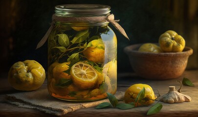  a painting of lemons in a jar with garlic and garlic.  generative ai