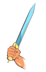 Ancient sword in a soldier hand. Metal sharp weapon. Vector art illustration isolated on white background. Hand drawn sketch