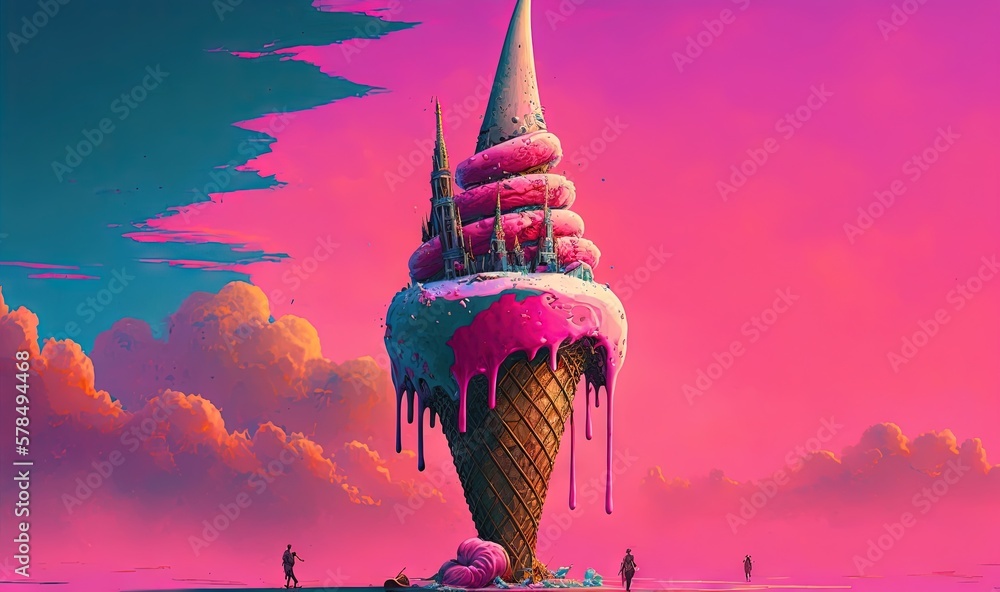 Poster an ice cream cone with pink icing on top of it in the middle of a pink sky with clouds and people st