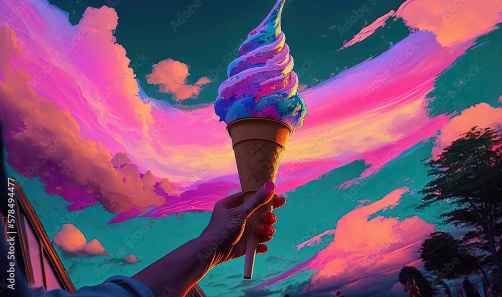 Poster a person holding a ice cream cone in front of a colorful sky with clouds in the background and a per