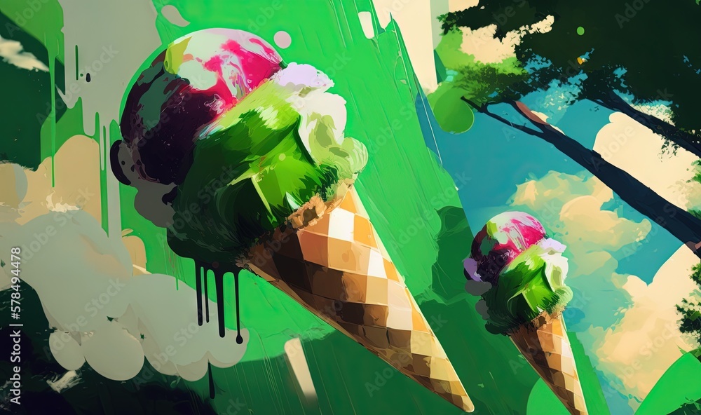 Poster a painting of an ice cream cone with trees and clouds in the background, with green grass and trees 
