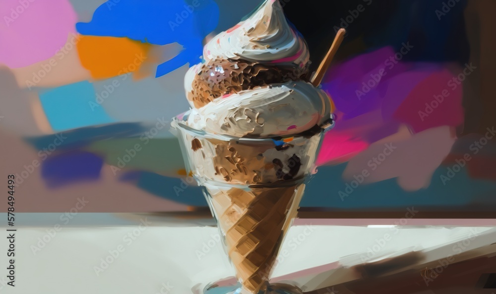 Poster an ice cream sundae with chocolate sprinkles and a straw in a glass on a table with a multicolored b