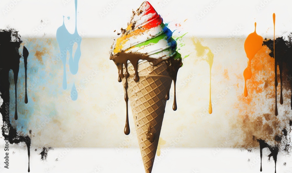 Poster an ice cream cone with a rainbow swirl on it's top and dripping paint on the bottom of it, with a mu